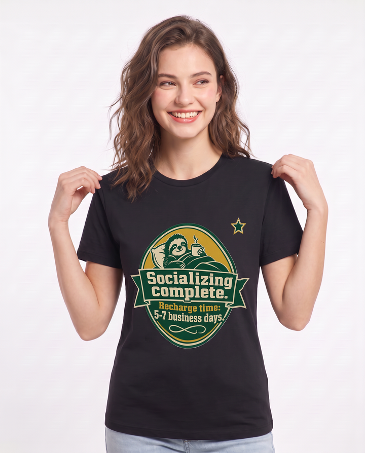 Graphic Women's Black T-Shirt - Socializing complete. Recharge time: product image 3