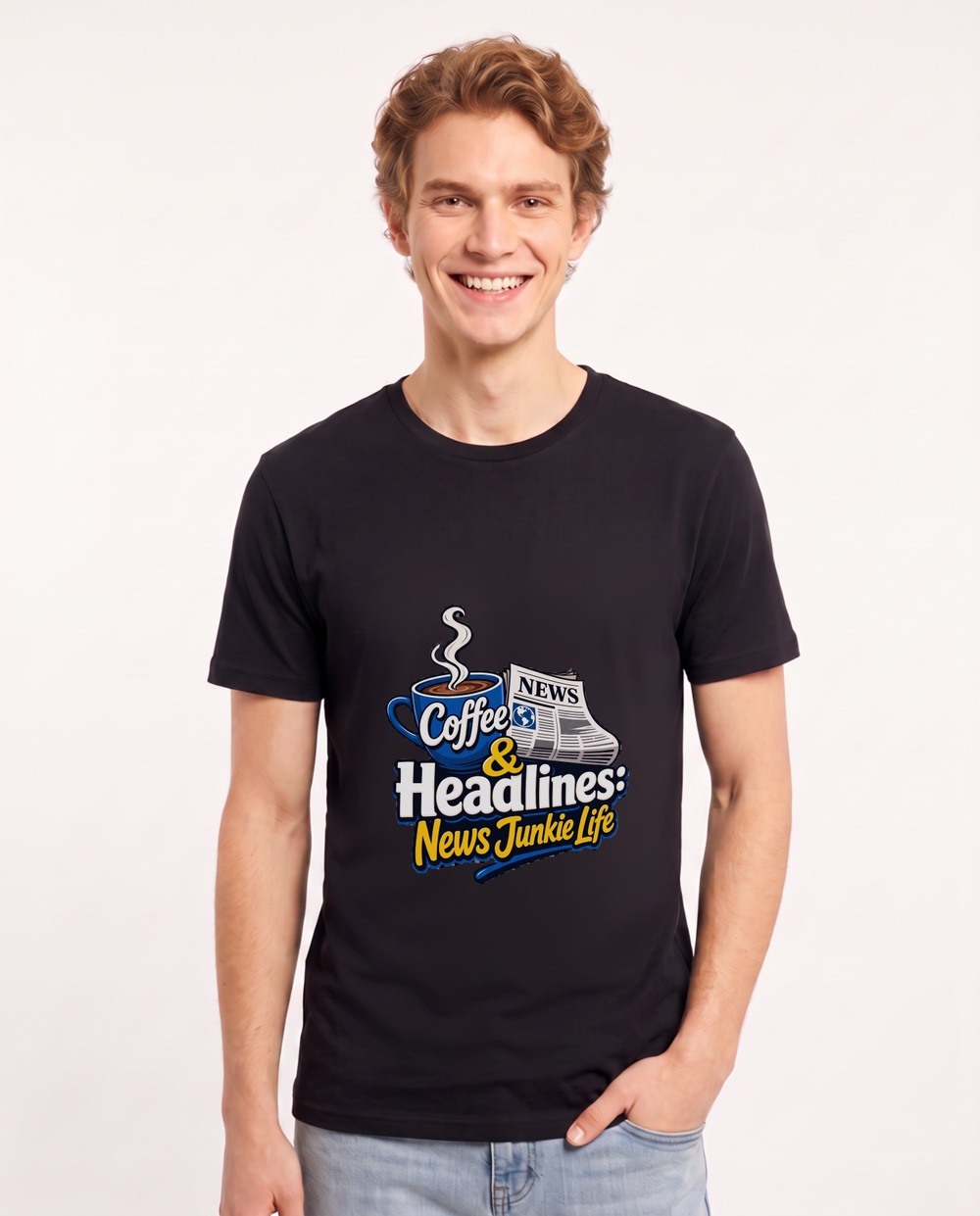Coffee & Headlines: News Junkie Life Men's Black T-Shirt product image 2