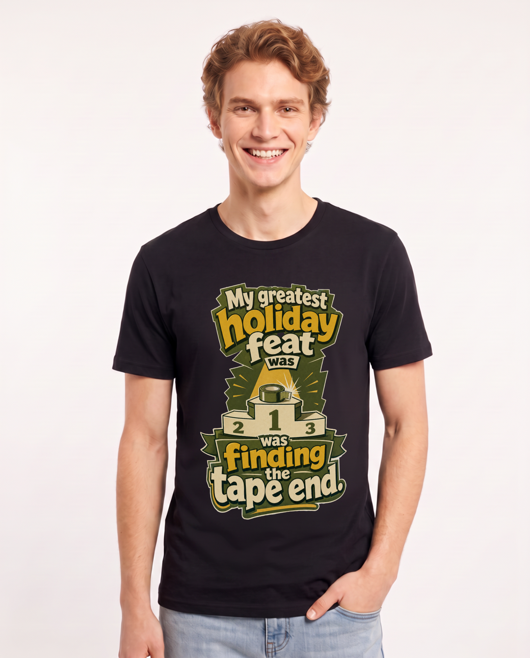 Funny Christmas Men's Black T-Shirt – My greatest holiday feat was finding the tape end. product image 1