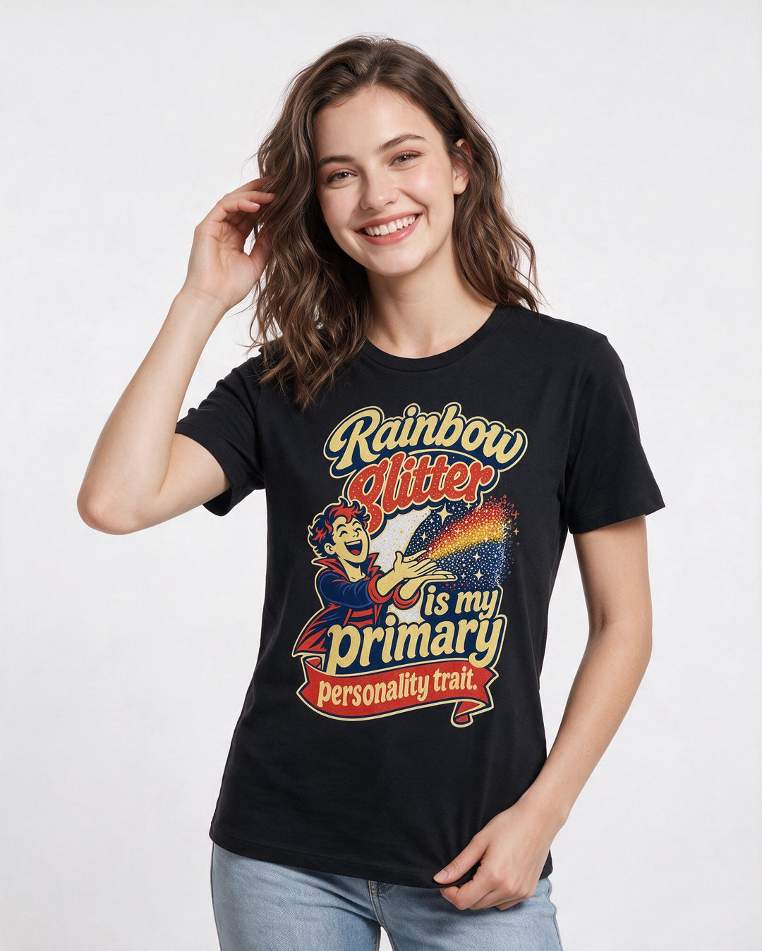Pride Women's Black T-Shirt – Rainbow glitter is my primary personality trait. product image 3