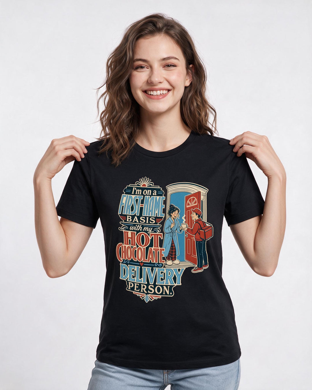 Christmas Women's Black T-Shirt – I'm on a first-name basis with my hot chocolate delivery person. product image 3