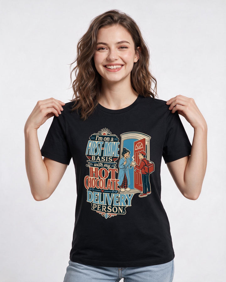 Christmas Women's Black T-Shirt – I'm on a first-name basis with my hot chocolate delivery person. product image 3