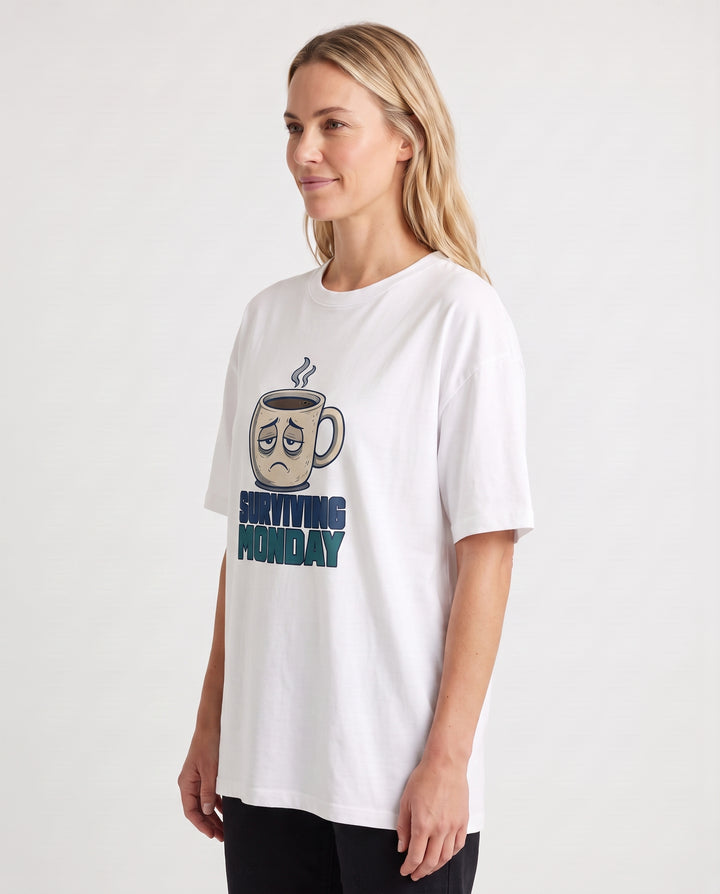 Surviving Monday White T-Shirt mockup 2