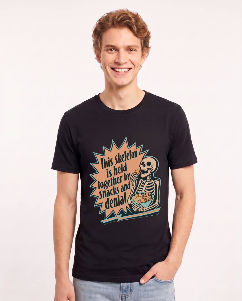 This skeleton is held together by snacks and denial - Men's Black T-Shirt product image 2