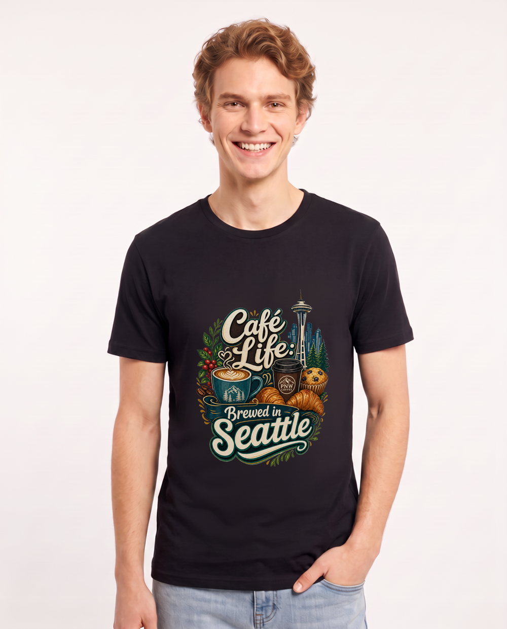 Café Life: Brewed in Seattle Men's Black T-Shirt product image 2