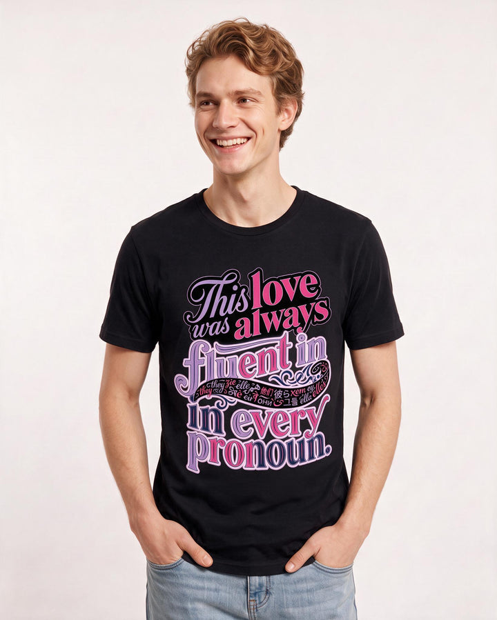 Pride Men's Black T-Shirt – This love was always fluent in every pronoun. product image 3