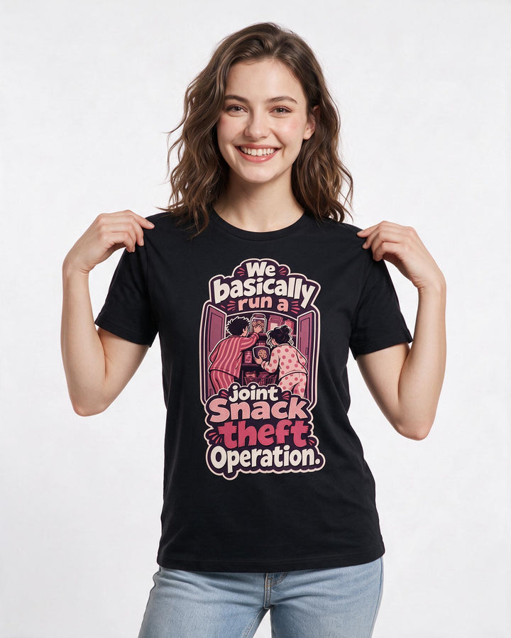 Funny Couples Women's Black T-Shirt – We basically run a joint snack theft operation. product image 3
