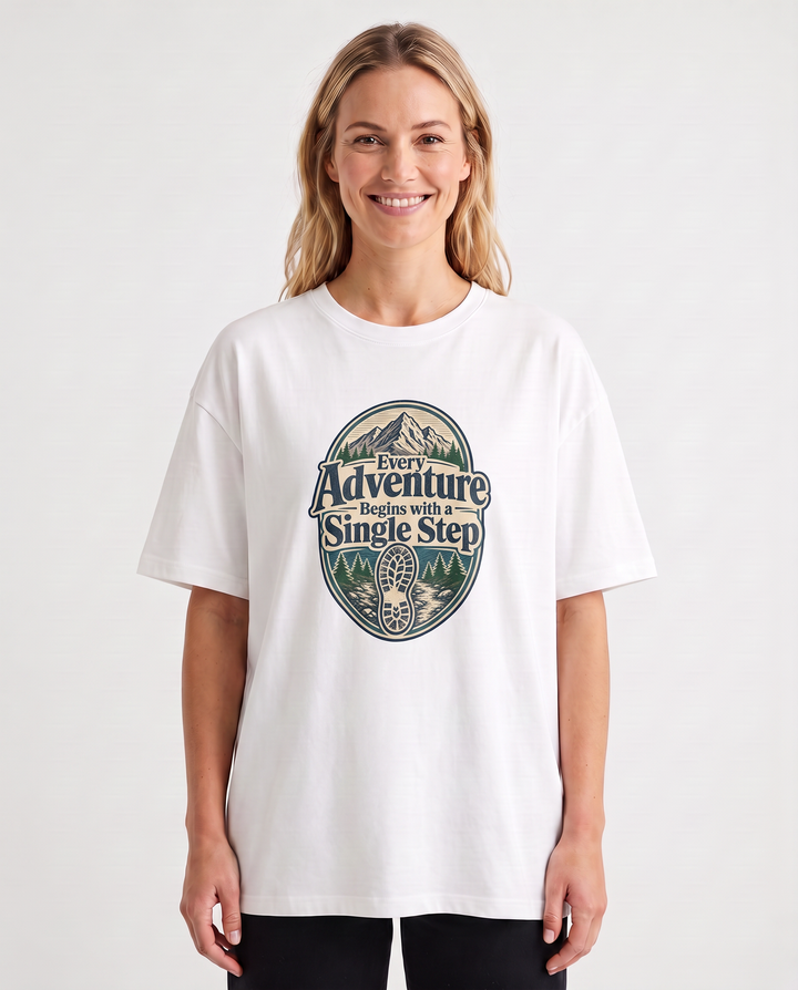 Every Adventure Begins With A Single Step White T-Shirt mockup 3
