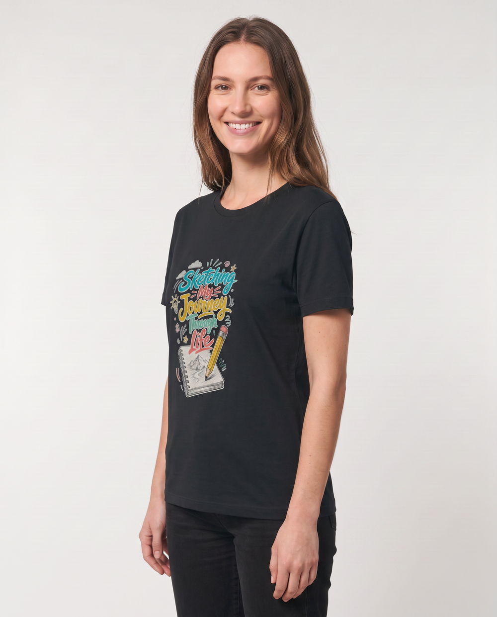 Sketching My Journey Through Life Black T-Shirt mockup 2
