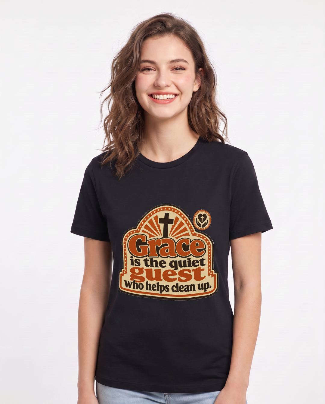 Graphic Women's Black T-Shirt - Grace is the quiet guest who helps product image 1