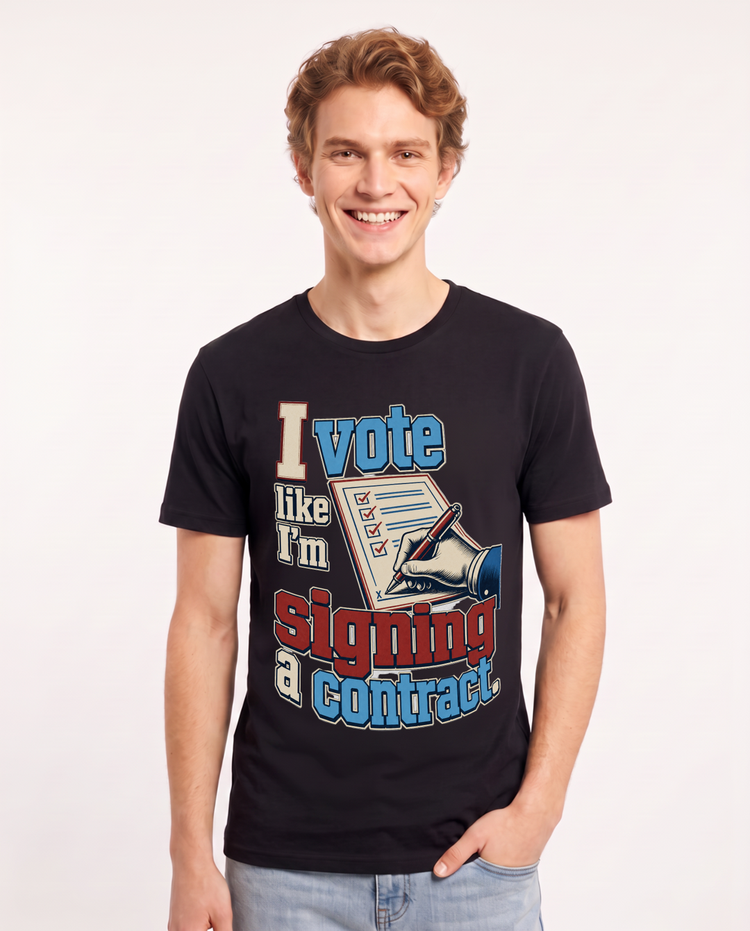 Political Statement Men's Black T-Shirt – I vote like I'm signing a contract. product image 1