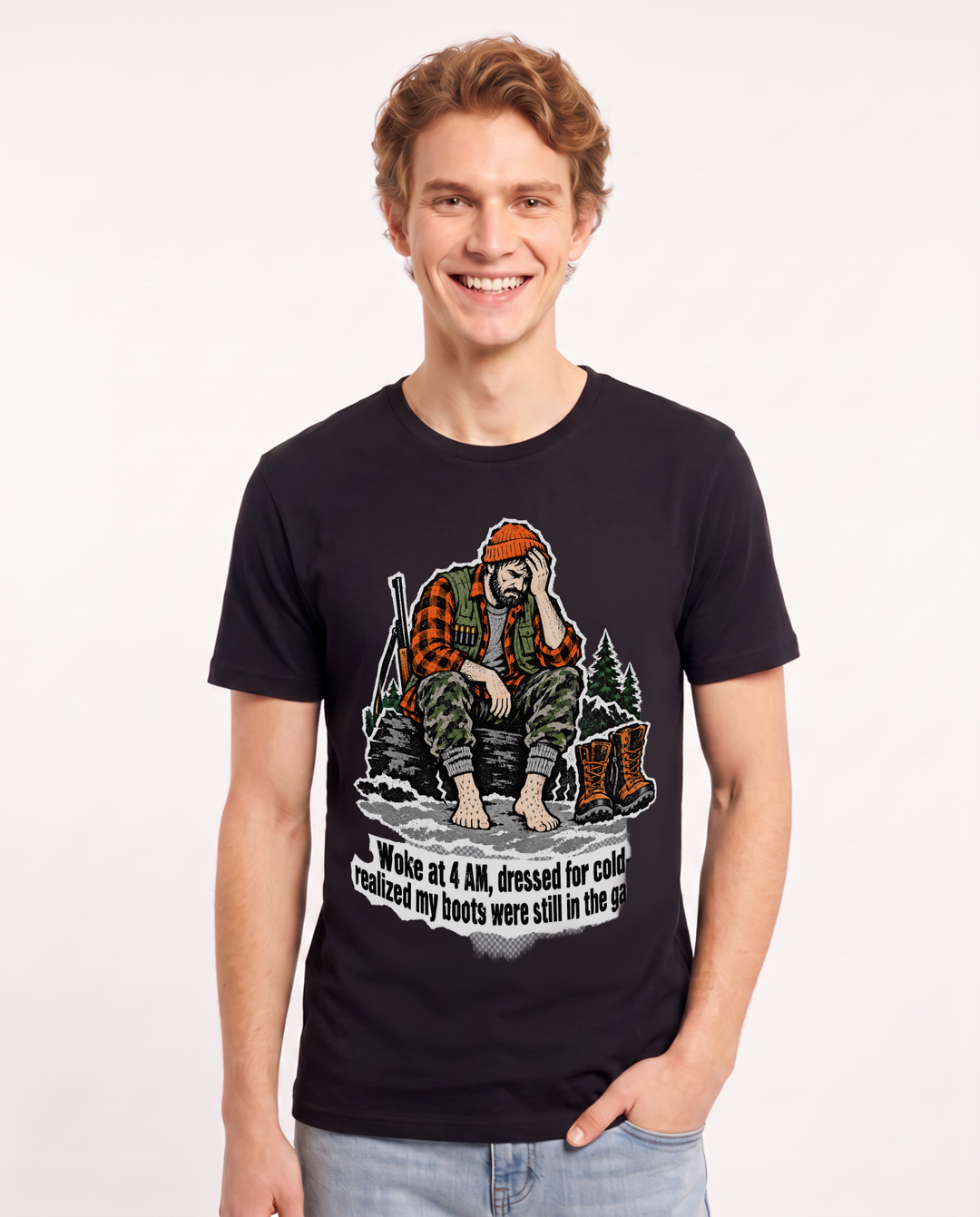 Woke at 4 AM, dressed for cold—realized my boots were still in the garage. Men's Black T-Shirt product image 2