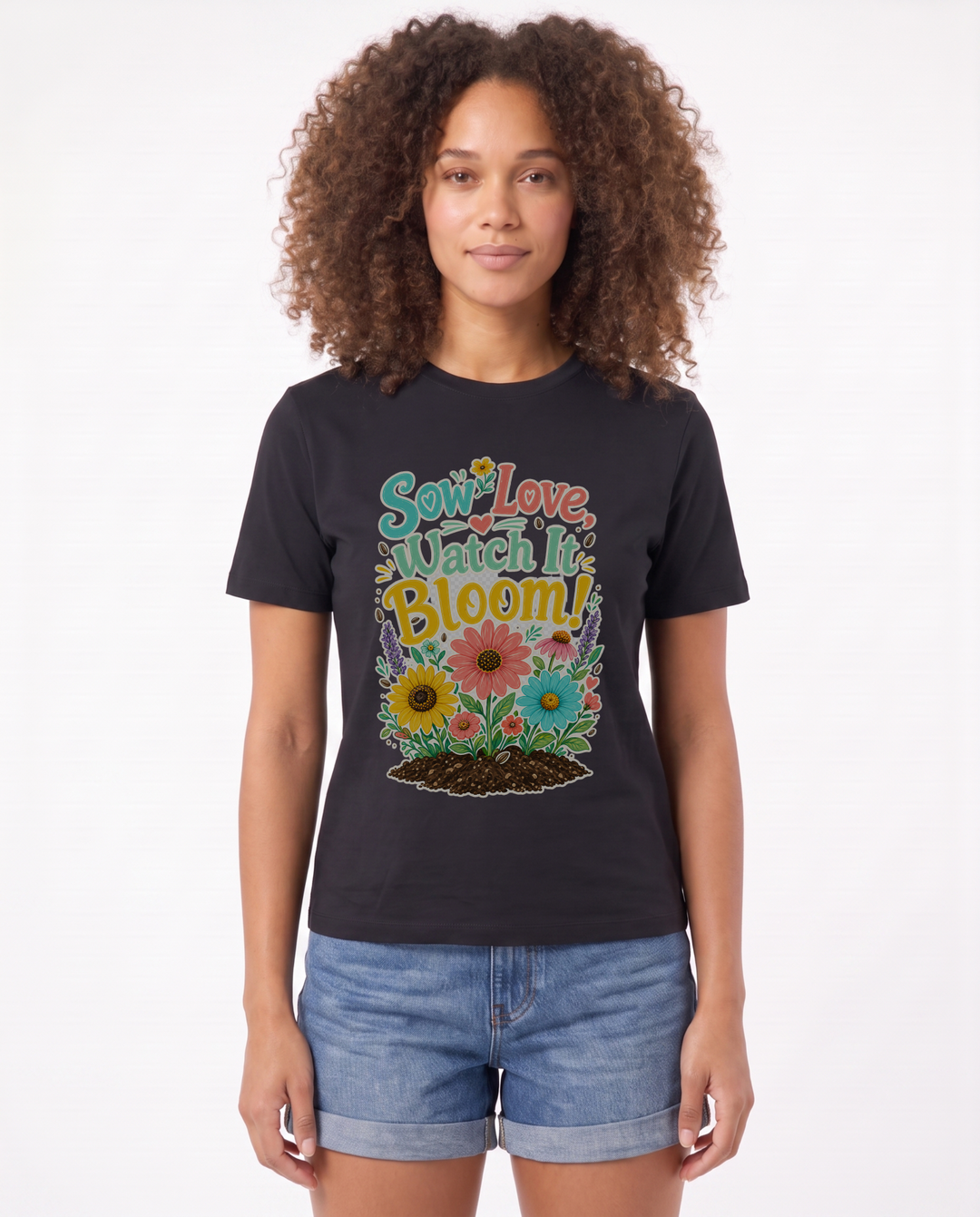 Sow Love, Watch It Bloom! Black T-Shirt mockup 1