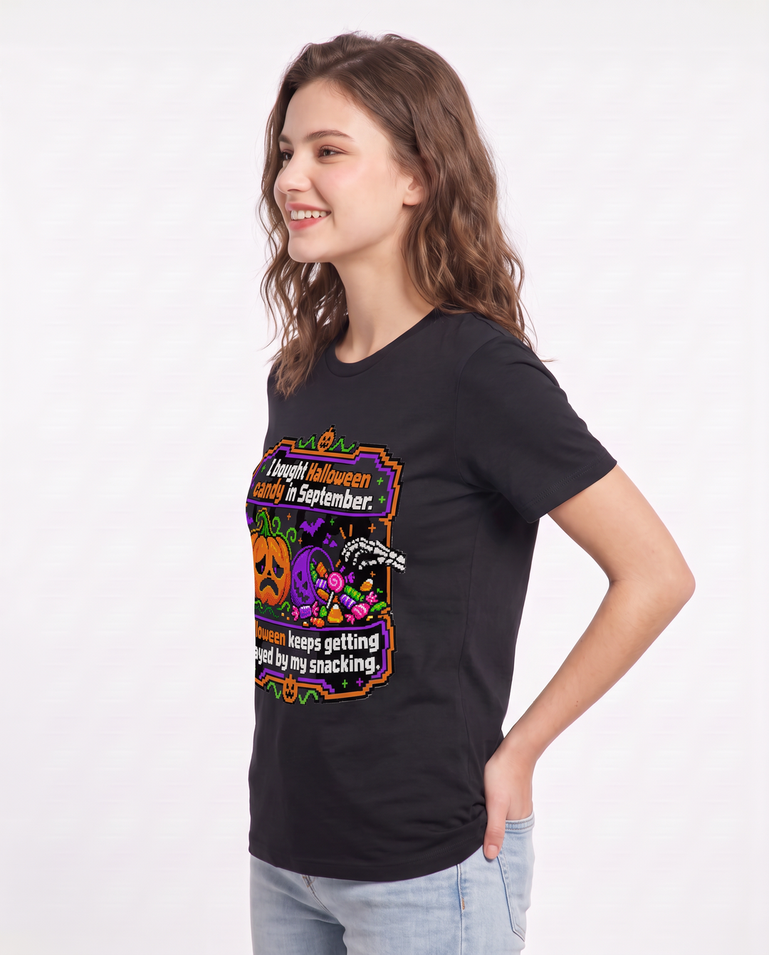 I bought Halloween candy in September. Halloween keeps getting delayed by my snacking. Women's Black T-Shirt product image 1