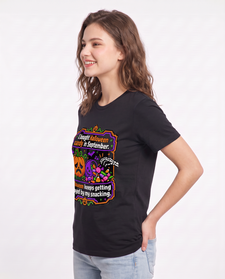 I bought Halloween candy in September. Halloween keeps getting delayed by my snacking. Women's Black T-Shirt product image 1