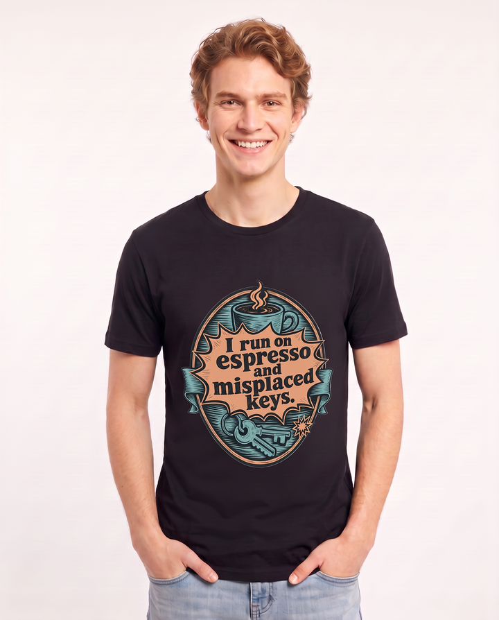 Graphic Men's Black T-Shirt - I run on espresso and misplaced keys. product image 3