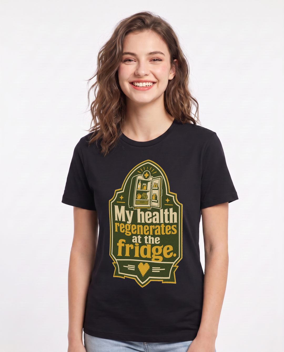 Gaming Women's Black T-Shirt - My health regenerates at the fridge. product image 1