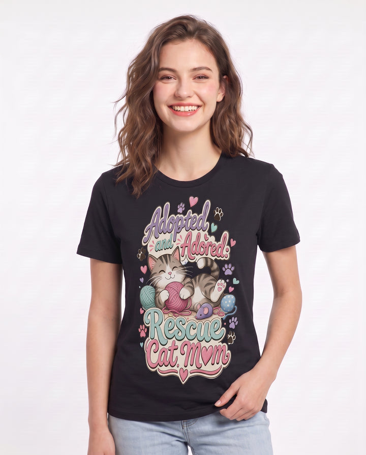 Adopted and Adored: Rescue Cat Mom Women's Black T-Shirt product image 1