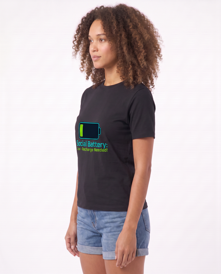 Social Battery: Low Recharge Needed! Black T-Shirt mockup 2