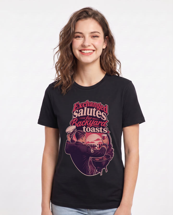 Veteran Women's Black T-Shirt – Exchanged salutes for backyard toasts. product image 1