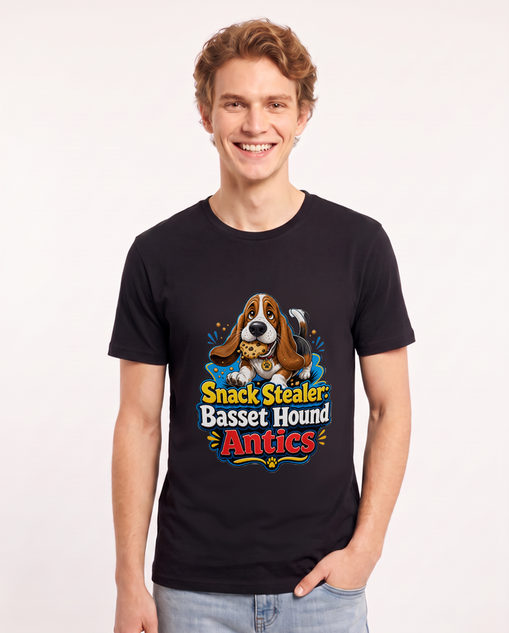 Snack Stealer: Basset Hound Antics Men's Black T-Shirt product image 2