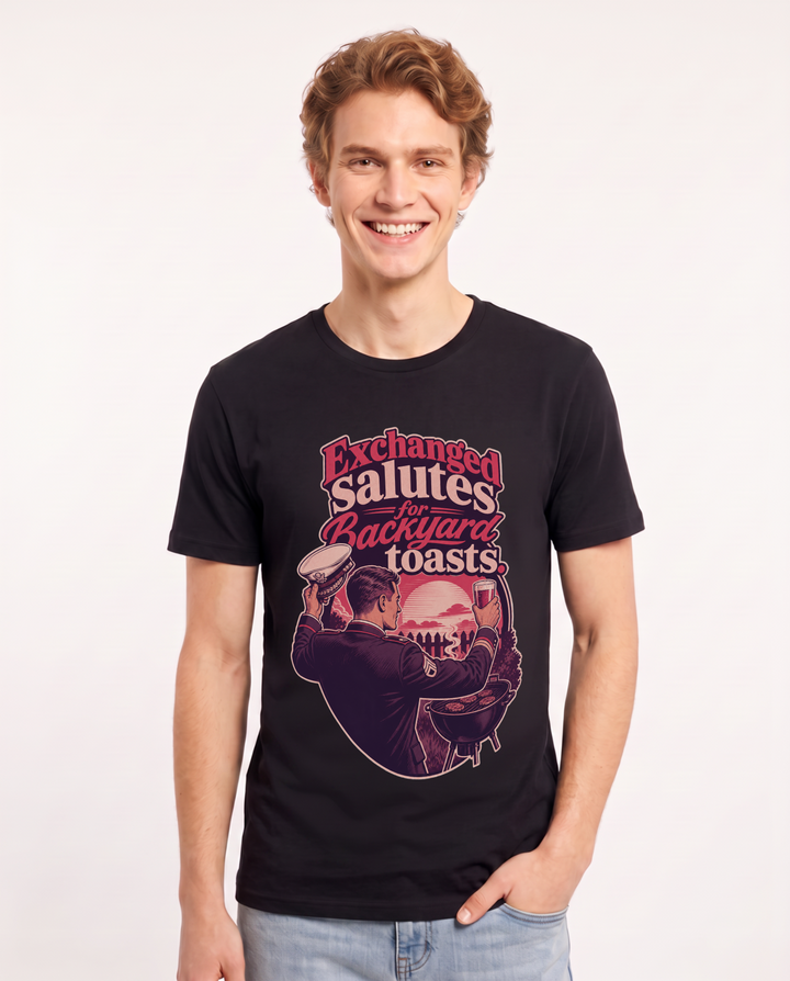 Veteran Men's Black T-Shirt – Exchanged salutes for backyard toasts. product image 1