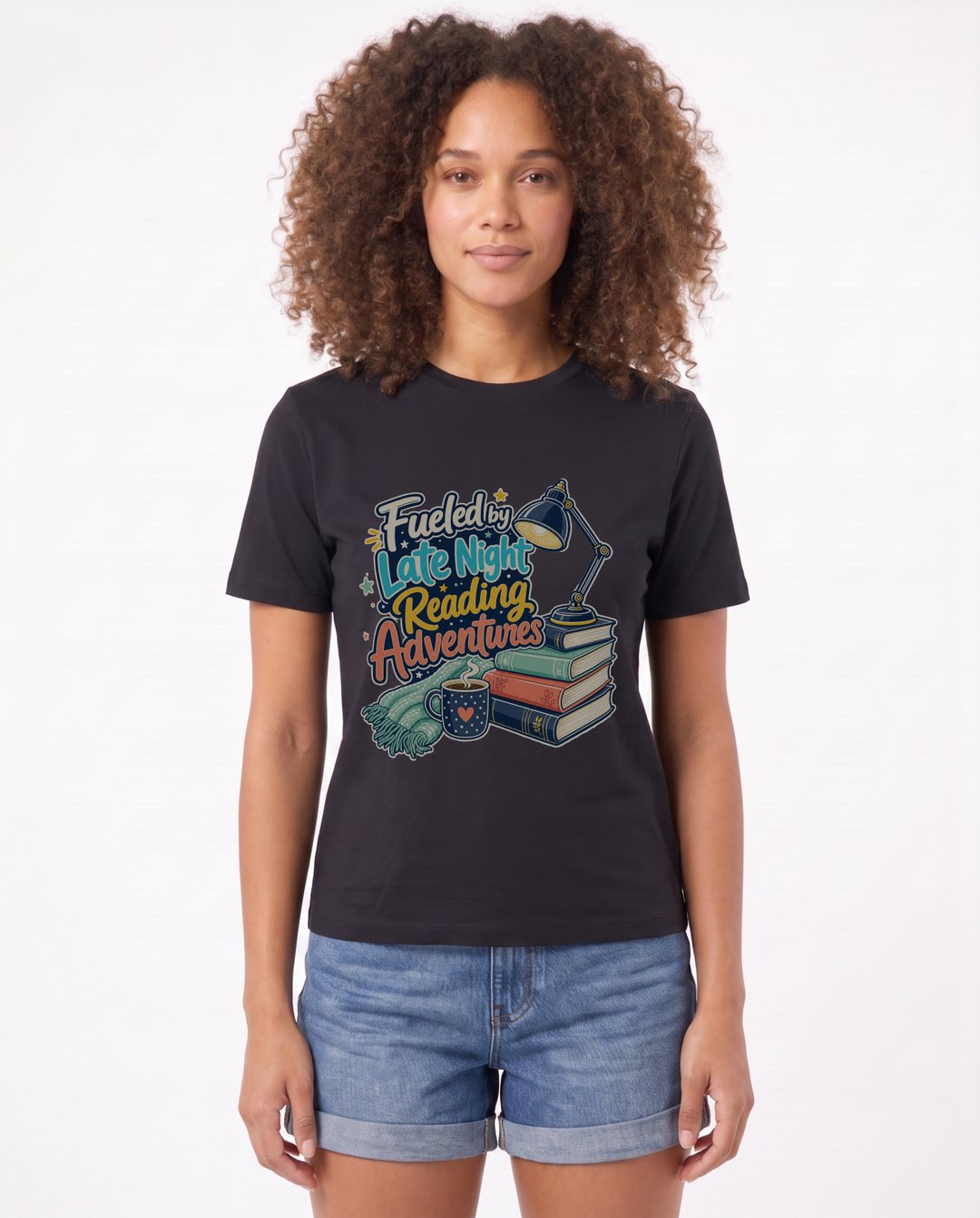 Fueled By Late Night Reading Adventures Black T-Shirt mockup 1
