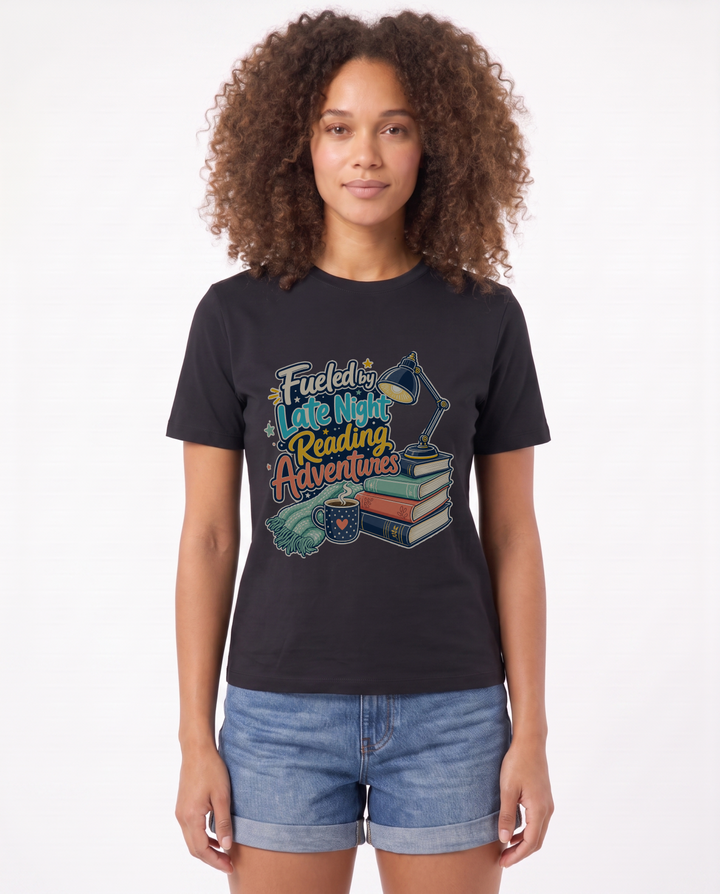 Fueled By Late Night Reading Adventures Black T-Shirt mockup 1