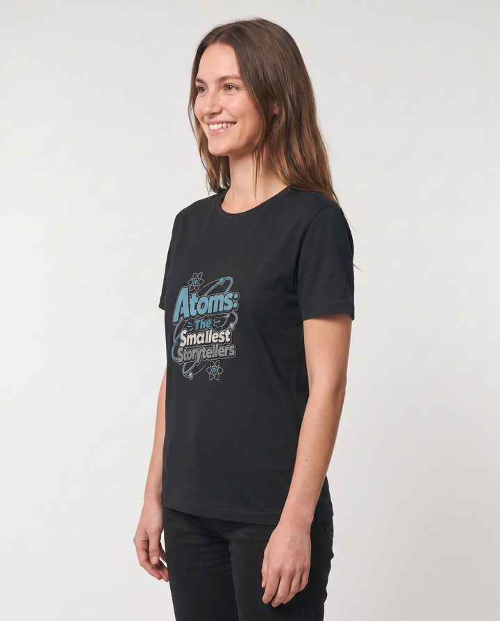 Atoms: The Smallest Storytellers Black T-Shirt mockup 2