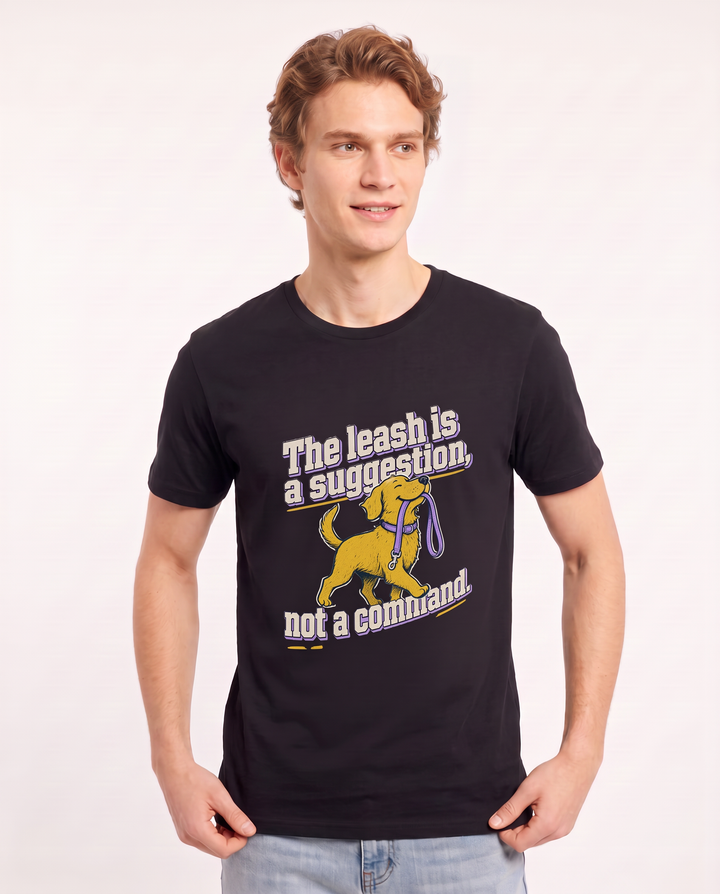 The leash is a suggestion, not a command. Men's Black T-Shirt product image 1