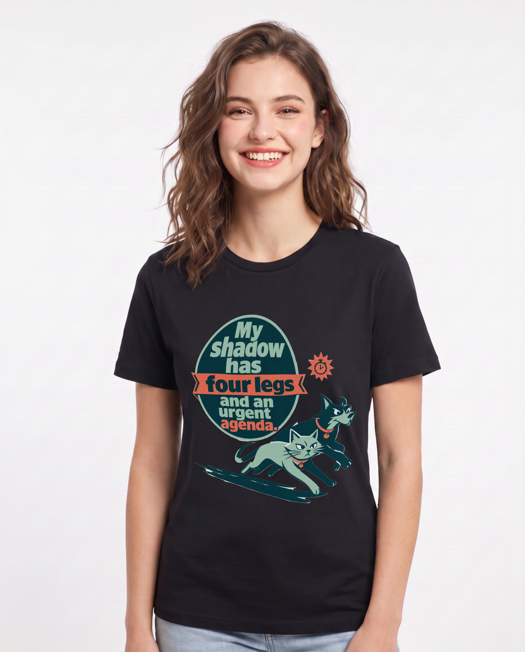 Graphic Women's Black T-Shirt - My shadow has four legs and an urgent product image 1