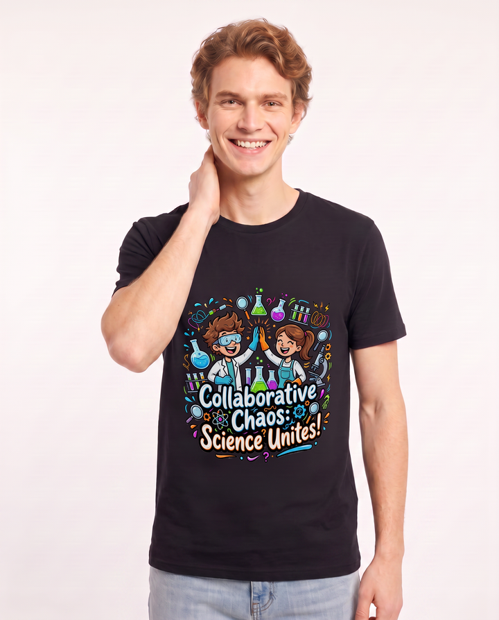 Collaborative Chaos: Science Unites! Men's Black T-Shirt product image 1