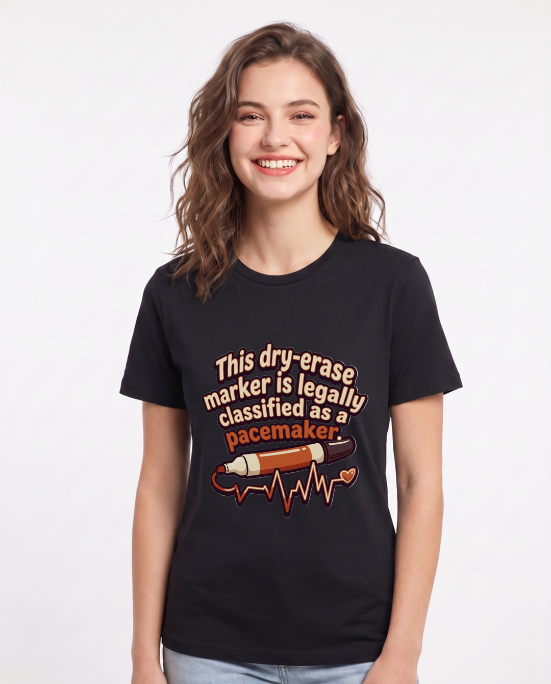 Funny Teacher Women's Black T-Shirt – This dry-erase marker is legally classified as a pacemaker. product image 1