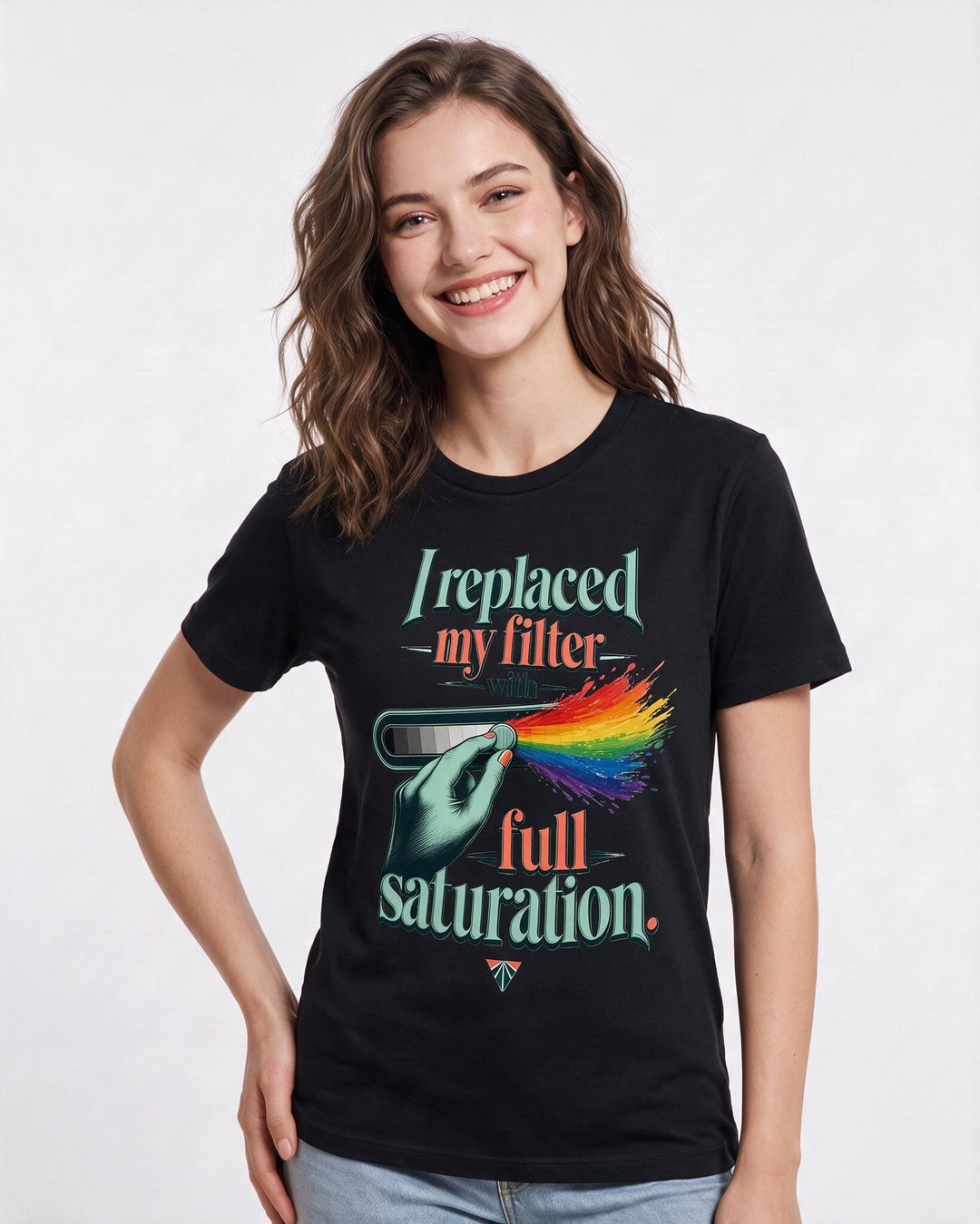 Pride Women's Black T-Shirt – I replaced my filter with full saturation. product image 3