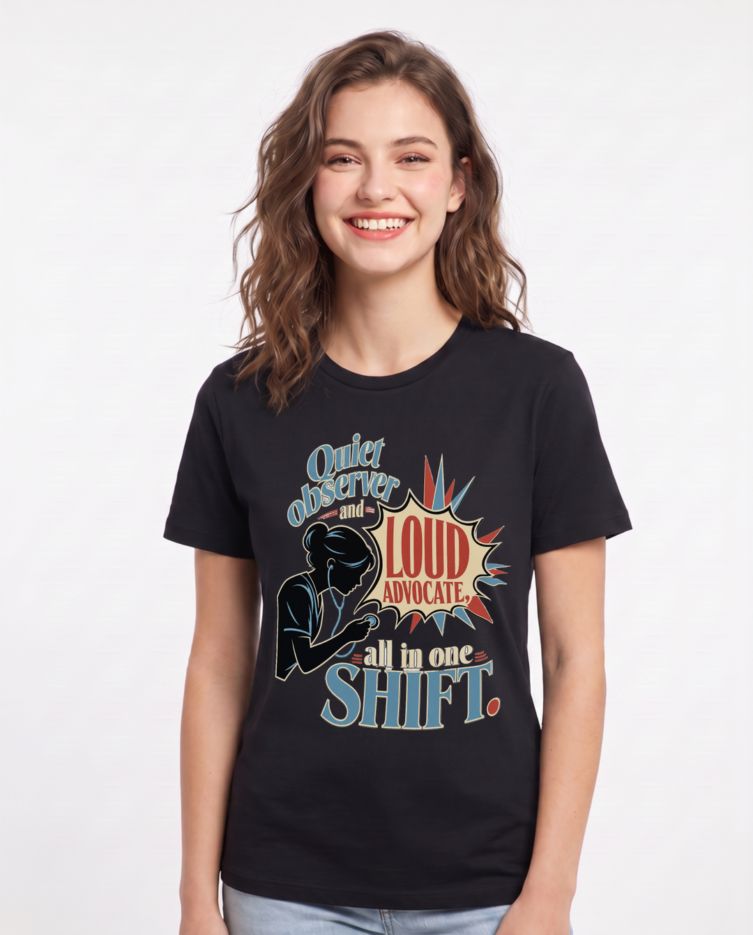 Nurse Women's Black T-Shirt – Quiet observer and loud advocate, all in one shift. product image 1