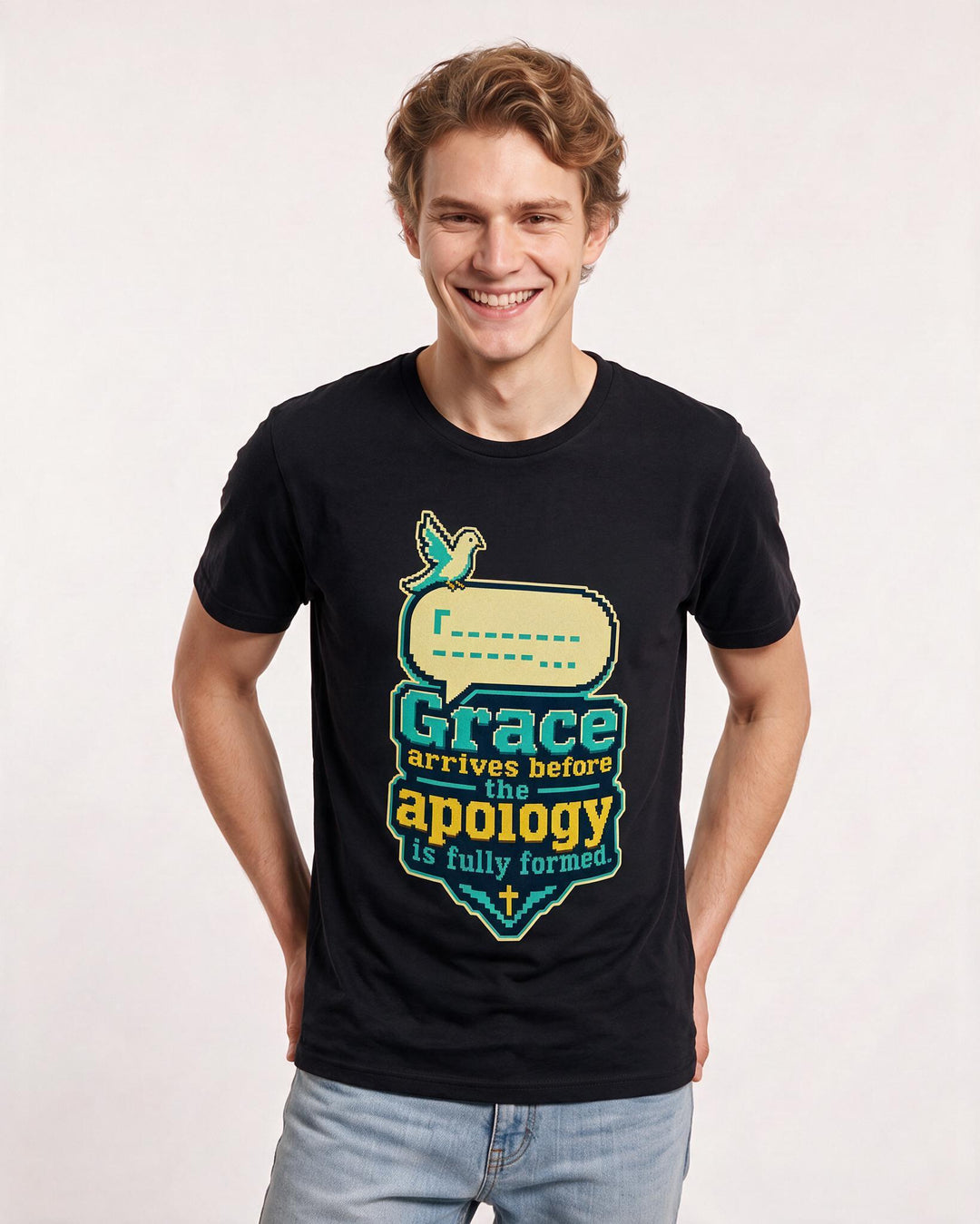 Christian Faith Men's Black T-Shirt – Grace arrives before the apology is fully formed. product image 3