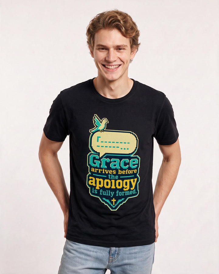 Christian Faith Men's Black T-Shirt – Grace arrives before the apology is fully formed. product image 3