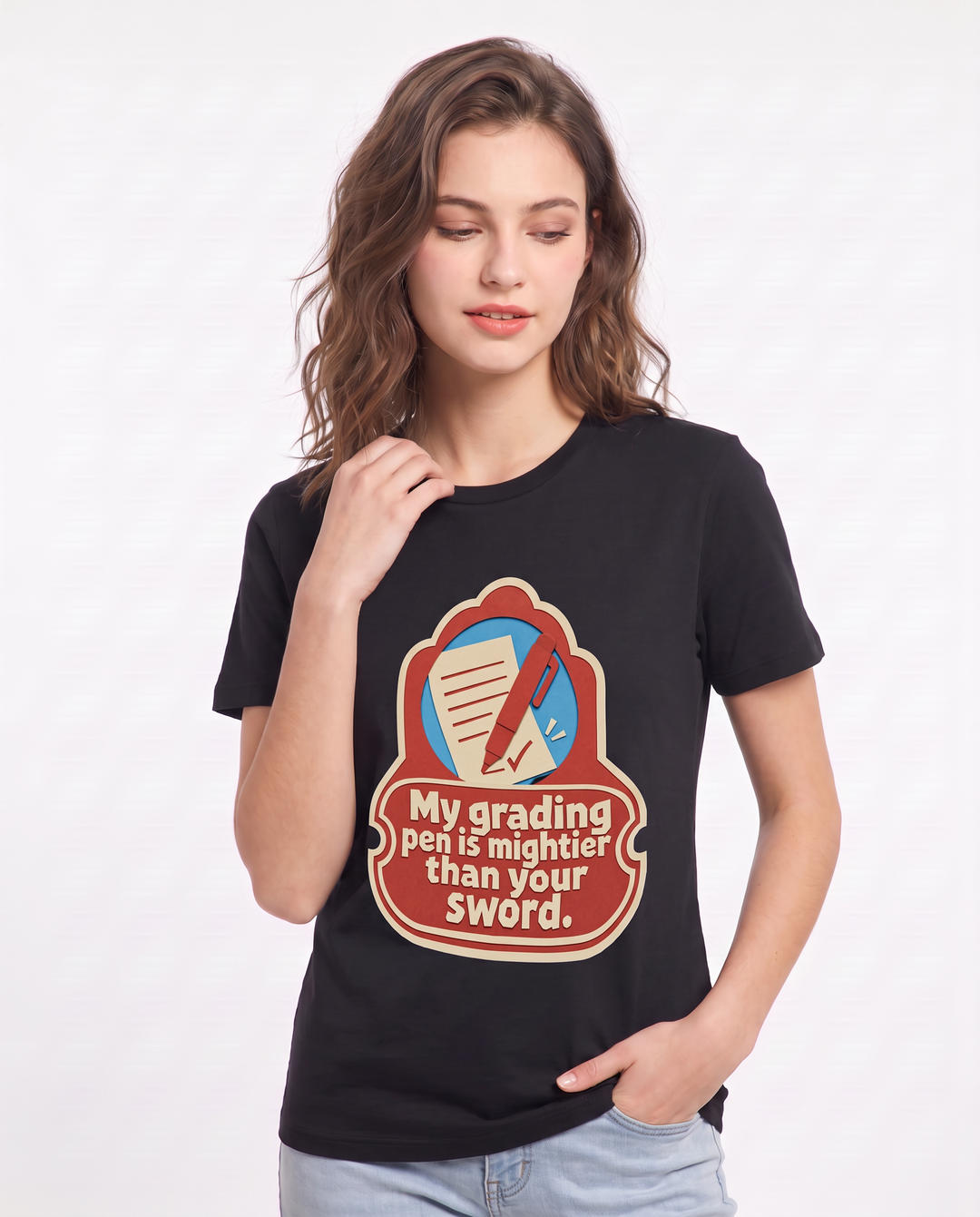 Teacher Gift Women's Black T-Shirt - My grading pen is mightier than product image 3