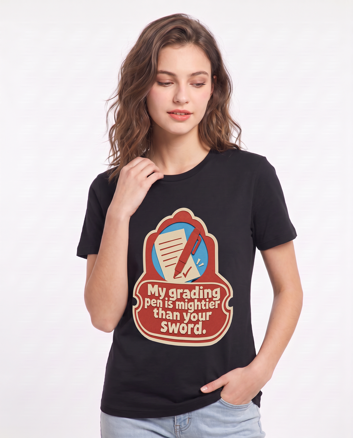 Teacher Gift Women's Black T-Shirt - My grading pen is mightier than product image 3