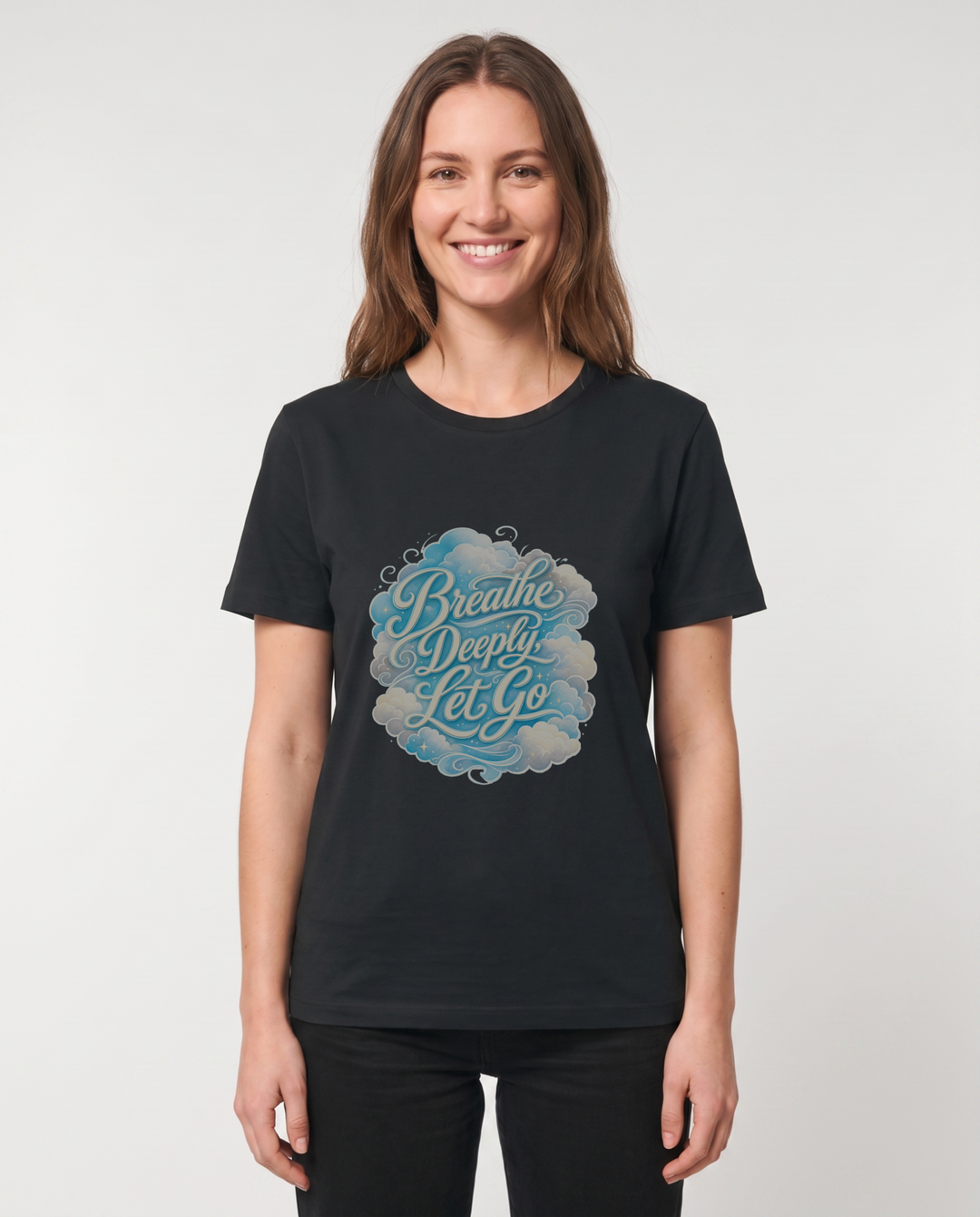 Breathe Deeply, Let Go Black T-Shirt mockup 1