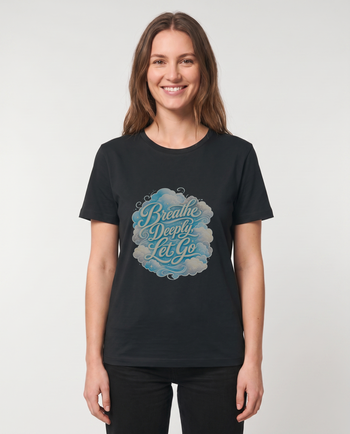 Breathe Deeply, Let Go Black T-Shirt mockup 1