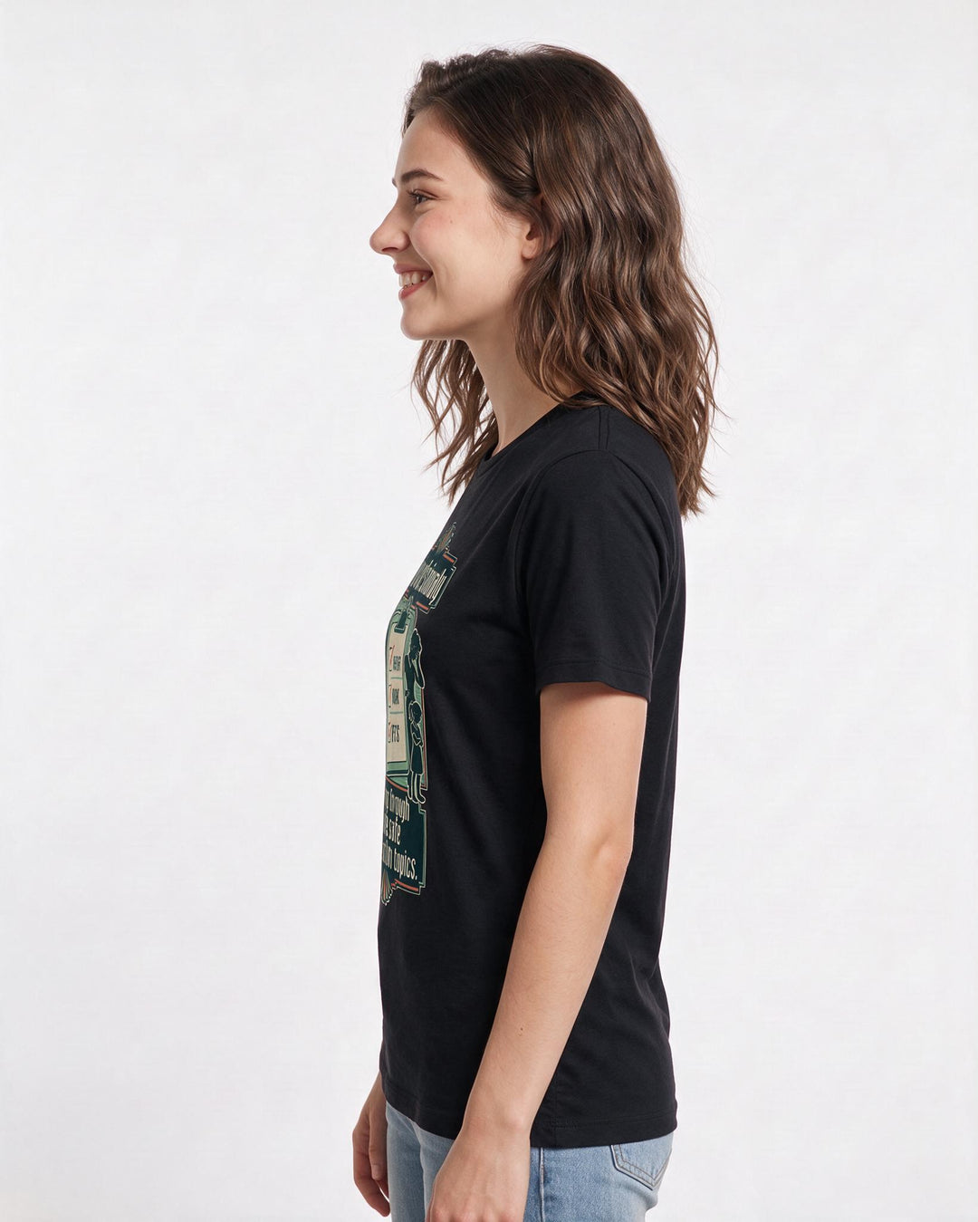 Funny Christmas Women's Black T-Shirt – I am professionally cycling through three safe conversation topics. product image 2