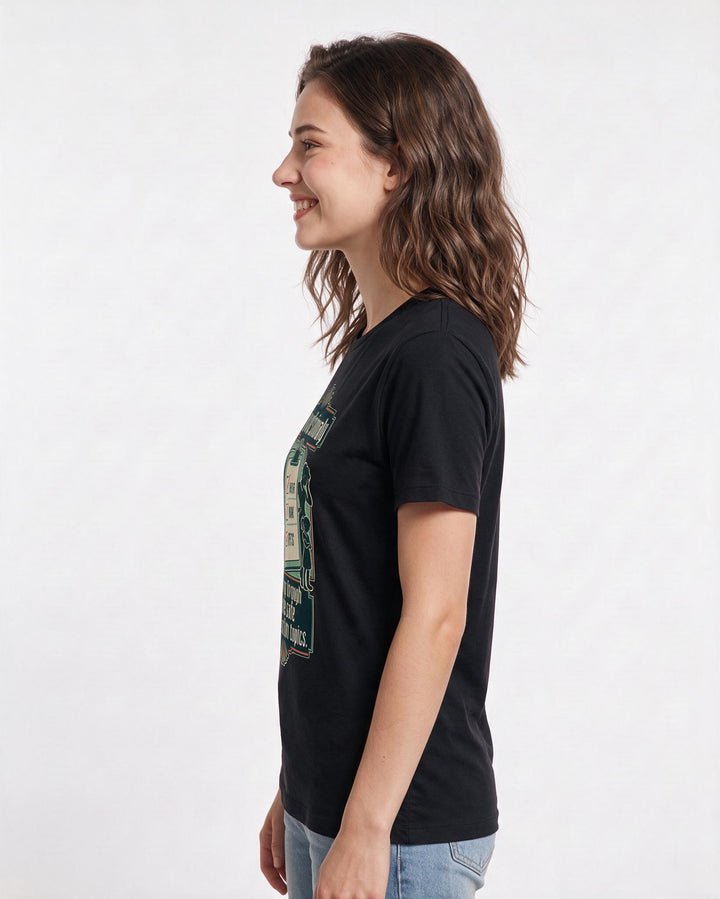 Funny Christmas Women's Black T-Shirt – I am professionally cycling through three safe conversation topics. product image 2