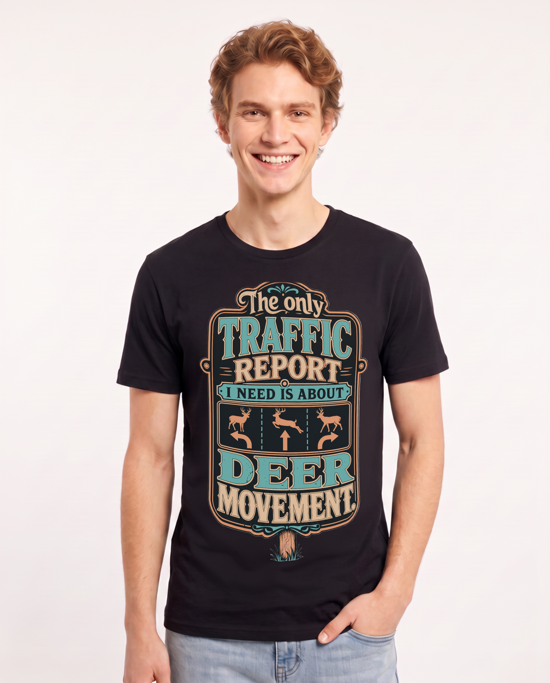 Hunting Men's Black T-Shirt – The only traffic report I need is about deer movement. product image 1