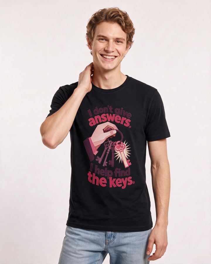 Teacher Men's Black T-Shirt – I don't give answers. I help find the keys. product image 3