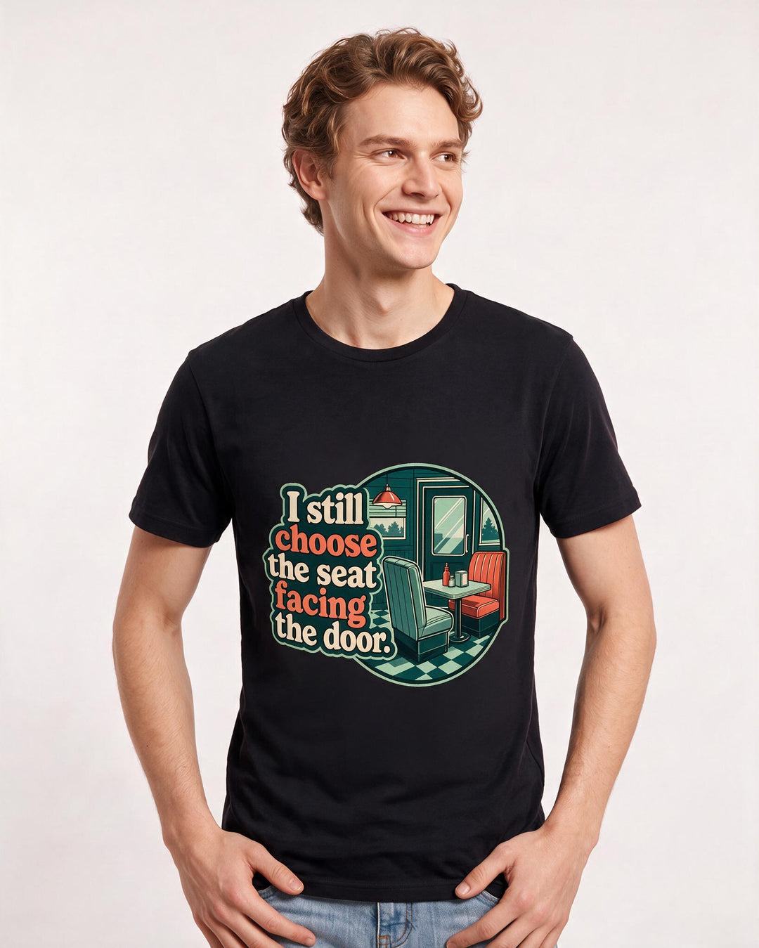 Veteran Men's Black T-Shirt – I still choose the seat facing the door. product image 3