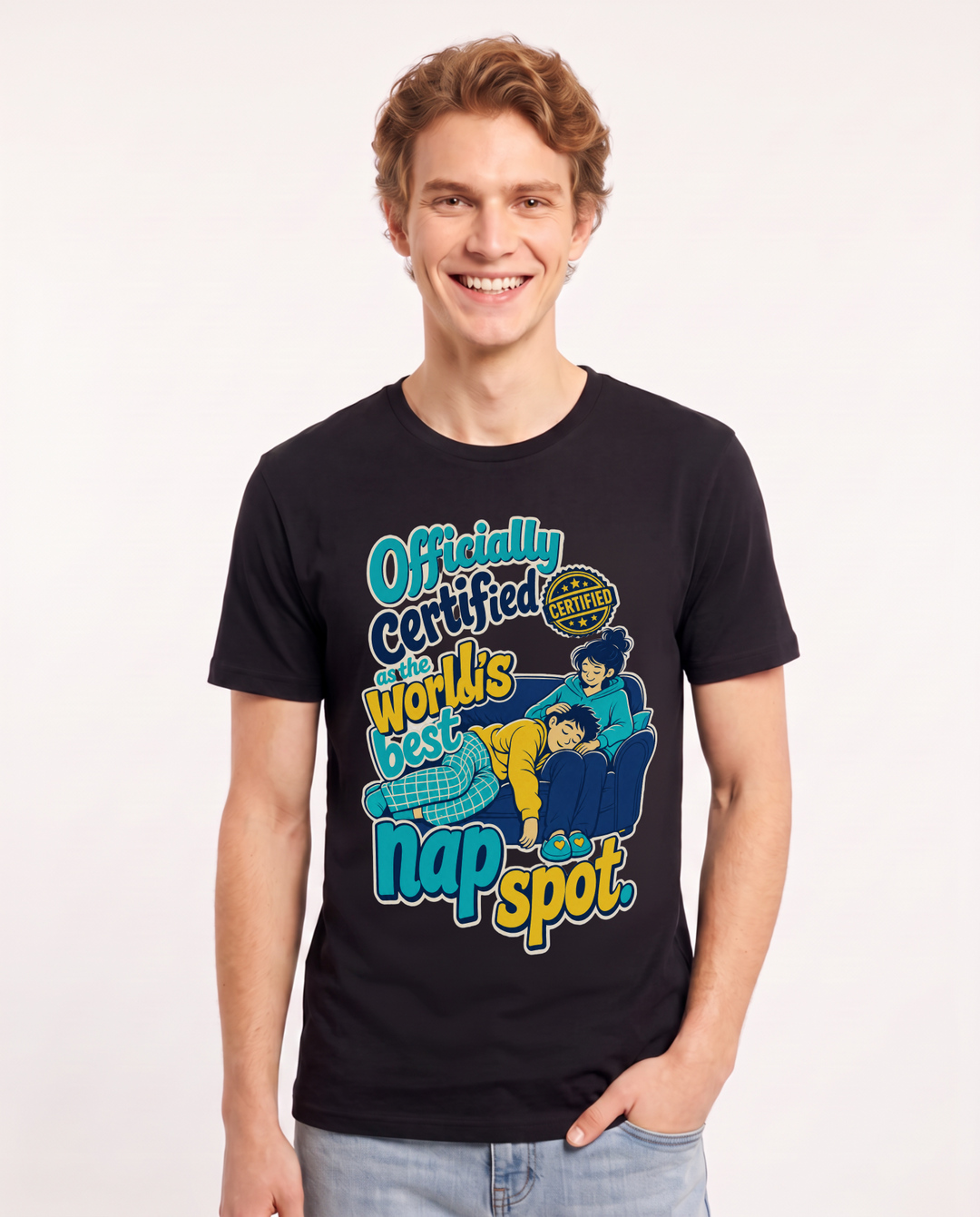 Funny Couples Men's Black T-Shirt – Officially certified as the world's best nap spot. product image 1