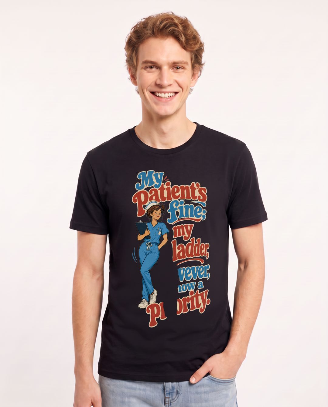 Funny Nurse Men's Black T-Shirt – My patient's fine; my bladder, however, product image 1