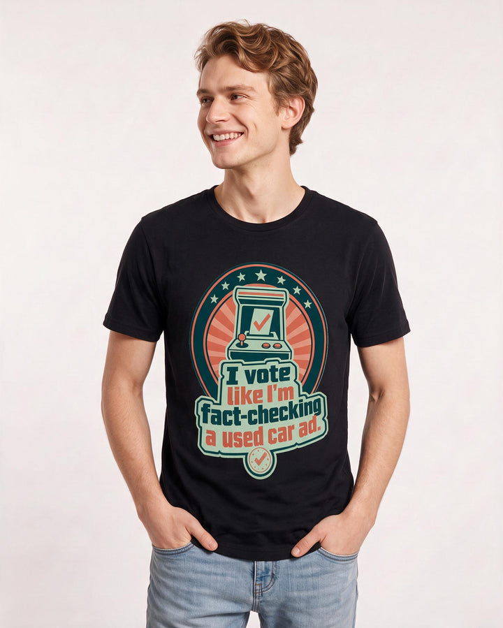 Graphic Men's Black T-Shirt - I vote like I'm fact-checking a used car product image 3