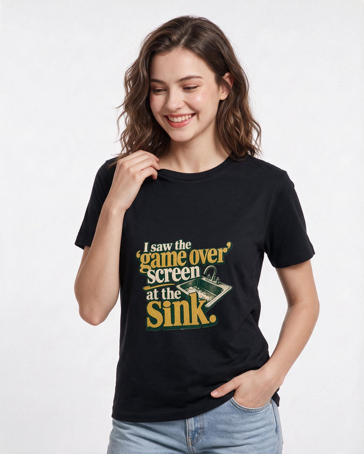 Gaming Women's Black T-Shirt – I saw the 'game over' screen at the sink. product image 3